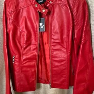 Red leather imitation vest. Long sleeves with several zippers.